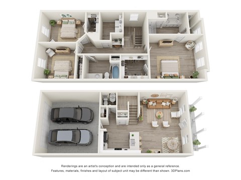 a 3d floor plan of a 3 bedroom apartment